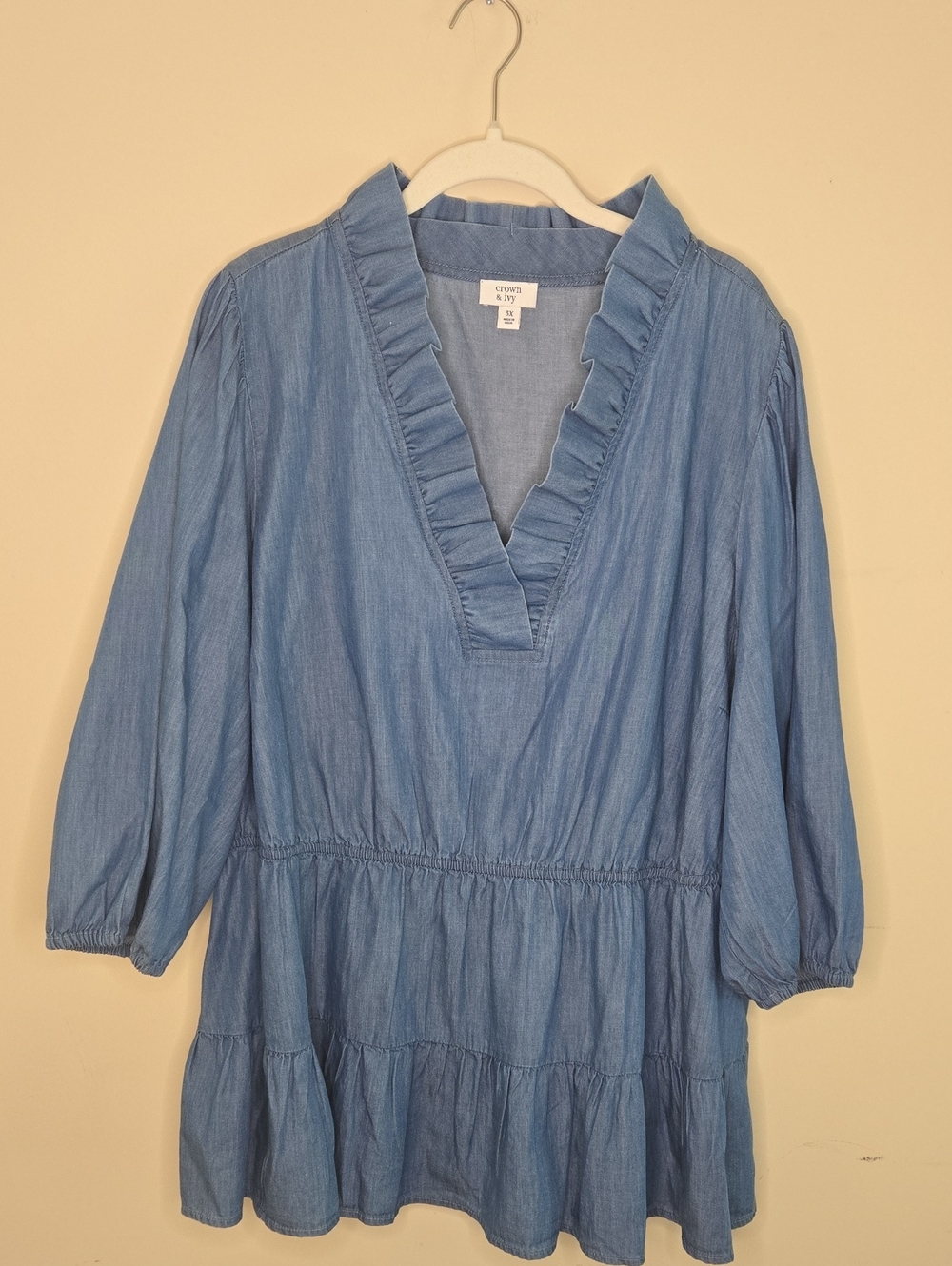 Crown & Ivy Chambray Ruffle Peplum Tunic Top 3X Cottagecore Coastal Grandma - Picture 2 of 8
